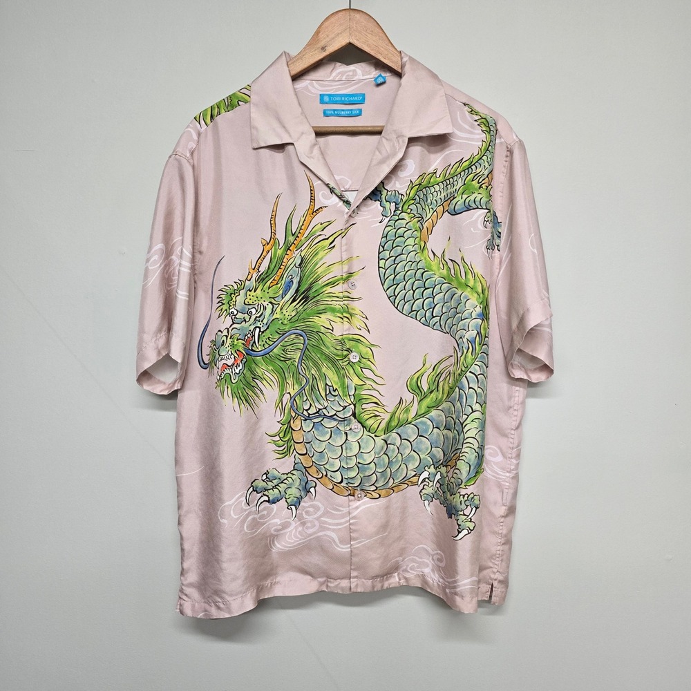Tori Richard Year of the Dragon Shirt Mens L Pink Mulberry Silk Graphic Tropical